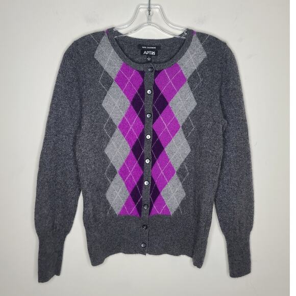 Apt 9 grey purple argyle 100% cashmere long sleeve cardigan sweater - large - Picture 1 of 4